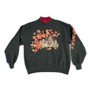 Vintage Autumn Leaves Sweater Adult MEDIUM Black Sweatshirt Double Collar 90s